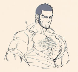 Rule 34 | 1boy, bara, bare pectorals, beard, bursting pectorals, buzz cut, chest hair, cropped torso, facial hair, flying button, frown, golden kamuy, greyscale, hairy, konpane (ohj), large pectorals, long sideburns, looking down, male focus, mature male, monochrome, muscular, muscular male, no nipples, pectorals, scar, scar on face, shirt, short hair, sideburns, solo, speed lines, stubble, tanigaki genjirou, thick eyebrows, torn clothes, torn shirt, very short hair