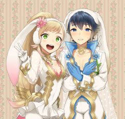 Rule 34 | 1boy, 1girl, alfonse (fire emblem), alternate costume, animal ears, blonde hair, blue eyes, blue gloves, blue hair, breasts, brother and sister, cleavage, cowboy shot, crossed arms, double v, fake animal ears, fire emblem, fire emblem heroes, gloves, green eyes, meimone, multicolored hair, nintendo, official alternate costume, open mouth, pectorals, rabbit ears, sharena (fire emblem), short hair, siblings, small breasts, smile, sweatdrop, two-tone hair, upper body, v, white gloves