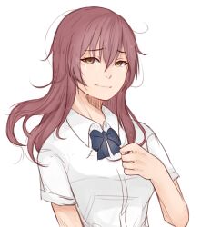 Rule 34 | 1girl, blue bow, blue bowtie, bow, bowtie, brown eyes, brown hair, closed mouth, collared shirt, commentary, crying, crying with eyes open, english commentary, highres, jasmiass, koe no katachi, long hair, looking at viewer, nishimiya shouko, school uniform, shirt, short sleeves, simple background, smile, solo, tears, upper body, white background, white shirt