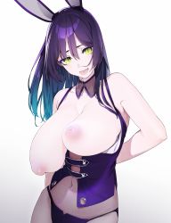 Rule 34 | 1girl, :d, animal ears, aqua hair, arm behind back, blush, bouncing breasts, breasts, breasts out, cleavage, detached collar, fang, gainaxing, gradient hair, green eyes, hair between eyes, highres, inverted nipples, kamameshi gougoumaru, large breasts, long hair, looking at viewer, midriff, multicolored hair, navel, nipples, open mouth, original, puffy areolae, purple hair, rabbit ears, sagging breasts, simple background, sleeveless, slit pupils, smile, solo, tongue, tongue out, white background, yellow eyes