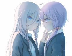 Rule 34 | 2girls, bad id, bad pixiv id, blue eyes, bow, braid, from side, hair between eyes, hair bow, hair ornament, ia (vocaloid), jacket, long hair, looking at another, mimengfeixue, multiple girls, necktie, open mouth, purple eyes, purple hair, shirt, short hair, short hair with long locks, sidelocks, silver hair, tears, upper body, vocaloid, voiceroid, white background, yuzuki yukari