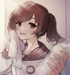 Rule 34 | 1girl, aijou karen, alternate hairstyle, blurry, blurry foreground, bottle, brown eyes, brown hair, collarbone, commentary request, depth of field, grin, hands up, highres, holding, holding bottle, holding towel, incoming drink, indoors, jacket, light particles, light rays, long sleeves, looking at viewer, looking to the side, parted lips, ponytail, short hair, shoujo kageki revue starlight, smile, solo, sweat, swept bangs, tareko, towel, track jacket, upper body, water bottle, white jacket, wiping face, wiping sweat