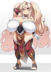 Rule 34 | 1girl, :&lt;, absurdres, arm behind head, blonde hair, blush, boots, breasts, brown eyes, cleavage, closed mouth, curvy, detached collar, dwarf, dwarf princess (konoshige), elbow gloves, frown, full body, gloves, groin, hair between eyes, hair over shoulder, high heels, highres, huge breasts, konoshige (ryuun), lace, long hair, looking at viewer, open-toe shoes, original, panties, pelvic curtain, shiny skin, shortstack, sidelocks, skindentation, solo, standing, thick eyebrows, thick thighs, thigh boots, thighhighs, thighs, twintails, underwear, very long hair, wide hips