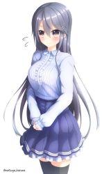 Rule 34 | 10s, 1girl, black thighhighs, blue shirt, blue skirt, blush, breasts, female focus, frills, hair between eyes, hair ornament, hairclip, haruna (kancolle), heterochromia, highres, kantai collection, large breasts, light smile, long sleeves, md5 mismatch, meme attire, natsuya (pucelle), own hands together, pleated skirt, red eyes, shirt, skirt, solo, standing, sweatdrop, thighhighs, virgin killer outfit, yellow eyes
