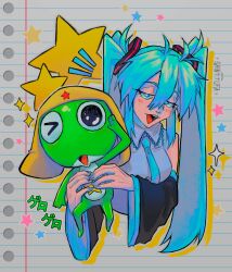 Rule 34 | 1boy, 1girl, absurdres, alien, artist name, black eyes, blue eyes, blue hair, breasts, collared shirt, cropped torso, crossover, detached sleeves, grey shirt, half-closed eyes, hatsune miku, highres, holding, keroro, keroro gunsou, long hair, looking at viewer, medium breasts, one eye closed, open mouth, sainttufa, salute, shirt, sleeveless, sleeveless shirt, smile, sparkle, star (symbol), upper body, very long hair, vocaloid, yellow headwear