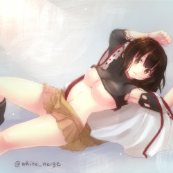 Rule 34 | 10s, 1girl, armpits, arms up, blush, breasts, brown eyes, brown hair, clothes lift, ise (kancolle), kantai collection, large breasts, long hair, looking away, miniskirt, navel, no bra, open mouth, parted lips, serino itsuki, shiny skin, shirt lift, skirt, solo, torn clothes, underboob, white s
