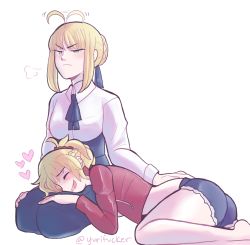 Rule 34 | 2girls, ahoge, ahoge wag, artoria pendragon (all), artoria pendragon (fate), ascot, ass, bad id, bad pixiv id, barefoot, blonde hair, blue ascot, blue ribbon, blush, braid, breath, bright pupils, collared shirt, cropped jacket, drooling, expressive hair, fate/apocrypha, fate (series), french braid, frown, green eyes, hair ribbon, hair wagging, heart, henemimi, jacket, lap pillow, leather, leather jacket, long sleeves, mordred (fate), mordred (fate/apocrypha), mordred (memories at trifas) (fate), mother and daughter, multiple girls, red jacket, ribbon, saber (fate), seiza, shirt, short shorts, shorts, sitting, torn clothes, torn shorts, twitter username, white background
