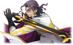 Rule 34 | 1boy, artist request, bangs pinned back, bismarck waldstein, black gloves, cape, code geass, code geass: lost stories, facial hair, fighting stance, forehead, game cg, geass, gem, gloves, glowing, glowing eyes, goatee, grey eyes, grey hair, happy, heterochromia, highres, holding, holding sword, holding weapon, jacket, leaning forward, long sleeves, male focus, military uniform, non-web source, official art, open mouth, pants, pink eyes, purple gemstone, short hair, simple background, smile, solo, standing, sword, teeth, transparent background, two-handed, two-sided cape, two-sided fabric, uniform, weapon, white cape, white jacket, white pants