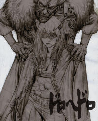 Rule 34 | 1boy, 1girl, bandages, breasts, cleavage, dorohedoro, en (dorohedoro), eyepatch, greyscale, hands on shoulders, holding, holding weapon, jia jung, long hair, looking at viewer, monochrome, nikaidou (dorohedoro), simple background, standing, teeth, weapon, white background