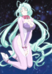 Rule 34 | 00s, 1girl, antenna hair, aqua hair, breasts, cleavage, collar, dears, closed eyes, facial mark, floating, forehead mark, green hair, high heels, large breasts, long hair, ren (dears), screencap, shoes, solo, stitched, third-party edit, very long hair