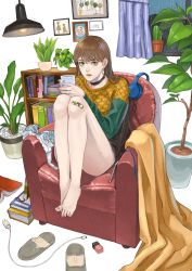 Rule 34 | 1girl, absurdres, armchair, bandaid, bare legs, barefoot, blanket, book, bookshelf, bottomless, bow, bow bra, bra, unworn bra, brown hair, cactus, cellphone, chair, choker, cup, curtains, earrings, easy chair, feet, feet on chair, green eyes, headphones, headphones removed, highres, holding, holding cup, hoop earrings, indoors, jewelry, knees up, lamp, legs together, lips, long hair, long sleeves, looking at viewer, mole, mole on thigh, mole under mouth, mug, nail polish, nail polish bottle, no pants, okuno (rakugaki-okuno306), original, phone, plant, potted plant, rain, realistic, sitting, slippers, smartphone, solo, sweater, underwear, window