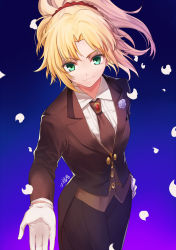 Rule 34 | 1girl, alternate costume, black jacket, black necktie, black pants, blonde hair, closed mouth, commentary request, fate/apocrypha, fate/grand order, fate (series), flower, formal, gogatsu fukuin, green eyes, hair ornament, hair scrunchie, hand on own hip, highres, jacket, long hair, long sleeves, mordred (fate), mordred (fate/apocrypha), mordred (formal dress) (fate), necktie, outstretched arm, pant suit, pants, petals, ponytail, purple flower, purple rose, red scrunchie, rose, scrunchie, shirt, signature, smile, solo, suit, white shirt