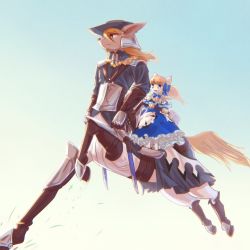 Rule 34 | 1boy, 1girl, :d, animal ears, armor, black coat, black headwear, blonde hair, blue background, blue bow, blue dress, blue eyes, bow, brown legwear, centaur, coat, commentary request, dog ears, dress, fang, fkufku, flower wreath, frilled dress, frills, full body, furry, furry female, furry male, gauntlets, hair between eyes, hair bow, hat, highres, holding, horse tail, horseback riding, long hair, long sleeves, military, military uniform, monster boy, multiple legs, open mouth, original, rapier, red eyes, riding, running, saddle, sheath, sheathed, shoulder pads, sidelocks, simple background, sitting, smile, snout, sword, tail, taur, twintails, twitter username, uniform, weapon