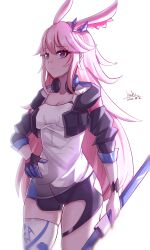 Rule 34 | 1girl, absurdres, animal ears, backlighting, black jacket, black shorts, breasts, cleavage, closed mouth, collarbone, cropped jacket, cutescookie, dated, hair between eyes, hand on own hip, headphones, headphones around neck, highres, holding, holding sword, holding weapon, honkai (series), honkai impact 3rd, jacket, long hair, medium breasts, open clothes, open jacket, pink hair, purple eyes, shirt, short shorts, shorts, signature, simple background, single thighhigh, solo, standing, sword, thighhighs, very long hair, weapon, white background, white shirt, white thighhighs, yae sakura