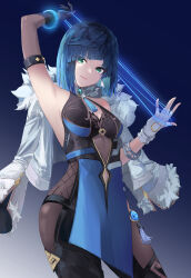 Rule 34 | 1girl, absurdres, arm strap, arm up, asymmetrical gloves, bare shoulders, black gloves, blue background, blue dress, blue hair, bob cut, breasts, closed mouth, commentary request, commission, cowboy shot, diagonal bangs, dress, fingerless gloves, genshin impact, gloves, gradient background, green eyes, highres, jacket, jacket on shoulders, katata, looking at viewer, medium breasts, mismatched gloves, neck tassel, pelvic curtain, short hair, simple background, skeb commission, smile, solo, tassel choker, waist cutout, white gloves, white jacket, yelan (genshin impact)