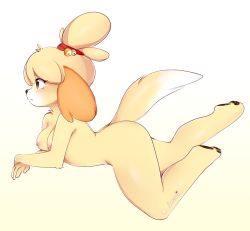 Rule 34 | 1girl, animal crossing, animal ears, animal hands, artist name, bell, blonde hair, blush, breasts, brown eyes, completely nude, dog ears, dog girl, dog tail, feet, female focus, from side, full body, furry, furry female, gradient background, hair bell, hair ornament, isabelle (animal crossing), jingle bell, loodicrous, lying, medium breasts, nintendo, nipples, nude, on stomach, own hands together, profile, shiny skin, short hair, simple background, solo, tail, twitter username, watermark, white background