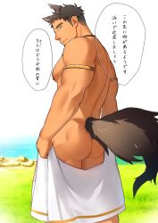 Rule 34 | 1boy, animal ears, armlet, aruji (hidora), ass, bara, black hair, facial hair, feet out of frame, from behind, goatee, grass, hidora art, highres, long sideburns, looking at viewer, looking back, male focus, muscular, muscular male, nipples, original, outdoors, pectorals, short hair, sideburns, sidepec, solo, standing, tail, thick eyebrows, thighs, topless male, translation request, undercut, undressing, wolf boy, wolf ears, wolf tail, yellow eyes