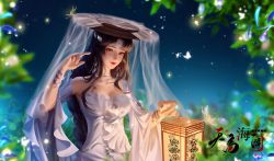 Rule 34 | 1girl, absurdres, alternate costume, alternate hairstyle, black hair, bracelet, bug, butterfly, douluo dalu, dress, earrings, glowing butterfly, hat, highres, insect, jewelry, jianghu chuan bai you jie, lantern, leaf, long hair, long sleeves, night, second-party source, smile, solo, upper body, veil, white dress, xiao wu (douluo dalu)