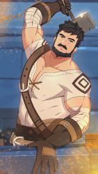 Rule 34 | 1boy, abs, bandaged arm, bandages, bara, beard, black eyes, black hair, blacksmith, covered erect nipples, cross-laced clothes, cross-laced top, embers, facial hair, genshin impact, highres, holding, holding mallet, large pectorals, looking at viewer, male focus, male pubic hair, mallet, mature male, mazjojo, muscular, muscular male, mustache, navel, nipples, paid reward available, pectoral cleavage, pectorals, penis, pubic hair, short hair, solo, stomach, wagner (genshin impact)