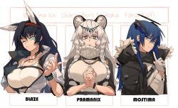 Rule 34 | 3girls, animal ear fluff, animal ears, arknights, black eyes, black hair, black halo, black jacket, blaze (arknights), blue eyes, blue hair, bracelet, braid, breasts, buttons, collarbone, commentary, crop top, cropped torso, crossed bangs, dark halo, english text, gloves, hair between eyes, hairband, half gloves, halo, hand up, highres, horns, index finger raised, interlocked fingers, jacket, jewelry, knifedragon, large breasts, long hair, mostima (arknights), multiple girls, necklace, one eye closed, open clothes, open jacket, open mouth, own hands together, parted lips, pramanix (arknights), red hairband, slit pupils, upper body, watch, white background, white gloves, white hair, white jacket