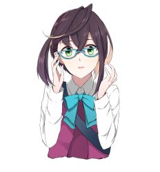Rule 34 | 10s, 1girl, absurdres, blouse, blue-framed eyewear, dress, glasses, green eyes, highres, kantai collection, long sleeves, looking at viewer, morinaga miki, multicolored hair, okinami (kancolle), open mouth, ribbon, shirt, short hair, simple background, solo, white shirt