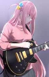Rule 34 | 1girl, blue eyes, bocchi the rock!, breasts, cable, closed mouth, commentary request, cowboy shot, cube hair ornament, electric guitar, gibson les paul, gotoh hitori, grey skirt, guitar, hair ornament, hair over eyes, high collar, highres, ibuki grunt, instrument, jacket, long hair, long sleeves, medium breasts, music, pink hair, pink jacket, playing instrument, pleated skirt, skirt, solo, track jacket