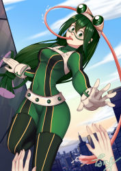 Rule 34 | 1girl, ang (6107939), asui tsuyu, bad id, bad pixiv id, beige gloves, black eyes, bodysuit, boku no hero academia, breasts, city, commentary request, frog girl, gloves, goggles, goggles on head, green bodysuit, green hair, hair between eyes, hair rings, highres, long hair, long sleeves, long tongue, looking at viewer, low-tied long hair, medium breasts, outdoors, signature, solo focus, teeth, tongue, tongue out, upper teeth only