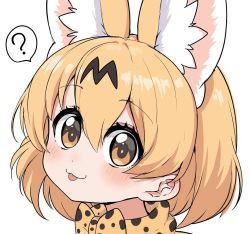 Rule 34 | 1girl, :3, :p, ?, animal ear fluff, animal ears, blonde hair, blush, bow, bowtie, commentary request, extra ears, hair between eyes, kemono friends, portrait, print bow, print bowtie, print neckwear, ransusan, serval (kemono friends), serval print, short hair, simple background, solo, spoken question mark, tongue, tongue out, traditional bowtie, white background, yellow eyes