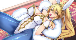 Rule 34 | 1girl, ahoge, animal ears, artoria pendragon (all), artoria pendragon (fate), artoria pendragon (swimsuit ruler) (fate), bare shoulders, blonde hair, blue pantyhose, blush, braid, breasts, cleavage, closed mouth, clothing cutout, detached collar, fake animal ears, fate/grand order, fate (series), french braid, green eyes, hair between eyes, highleg, highleg leotard, large breasts, leotard, long hair, looking at viewer, lying, mouth hold, navel, navel cutout, on back, pantyhose, playboy bunny, poker chip, ponytail, rabbit ears, sessue, sidelocks, solo, thighs, tiara, white leotard, wrist cuffs