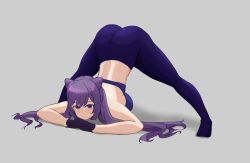 Rule 34 | 1girl, all fours, ass, bent over, breasts, closed mouth, cone hair bun, double bun, full body, genshin impact, gloves, grey background, hair bun, highres, jack-o&#039; challenge, keqing (genshin impact), long hair, looking at viewer, pants, purple eyes, purple gloves, purple hair, purple legwear, simple background, smile, split, sports bra, sportswear, spread legs, taiko bo, top-down bottom-up, twintails, yoga pants