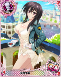 Rule 34 | 1girl, black hair, breasts, bridge, card (medium), character name, chess piece, city, cleavage, cup, dress, covered erect nipples, gloves, high school dxd, high school dxd infinity, large breasts, long hair, military, military uniform, official art, pawn (chess), pink eyes, raynare, river, smile, solo, standing, teacup, torn clothes, trading card, uniform, white dress, white gloves