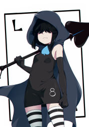 Rule 34 | 1girl, black dress, black gloves, black hair, blue eyes, breasts, card, commentary, deltarune, dress, elbow gloves, from below, frown, gloves, hair over eyes, highres, holding, hood, hood up, jcm2, looking at viewer, lucy loud, simple background, sleeveless, sleeveless dress, small breasts, solo, striped clothes, striped thighhighs, superhero costume, the loud house, thighhighs, white background