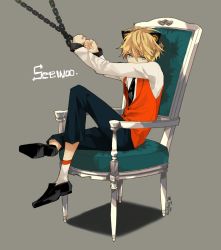 Rule 34 | 1boy, alternate costume, animal ears, artist name, artist request, blonde hair, blue eyes, capri pants, chain, chair, character name, cuffs, fake animal ears, full body, genderswap, genderswap (ftm), grey background, handcuffs, highres, loafers, male focus, pants, seeu, seewoo, shoes, simple background, sitting, solo, vest, vocaloid