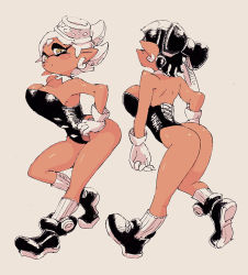 Rule 34 | 2girls, black footwear, black hair, black leotard, blush, breasts, callie (splatoon), detached collar, earrings, food, food on head, gloves, hand on own hip, inkling, jewelry, large breasts, leotard, marie (splatoon), mask, multiple girls, nintendo, object on head, pointy ears, shoes, short hair, simple background, socks, splatoon (series), tan background, tentacle hair, white gloves, white hair, white legwear, yellow eyes, yuta agc