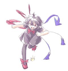 Rule 34 | 1girl, ahoge, aokukou, black dress, black hair, black thighhighs, bow, commentary request, dress, flat chest, hair between eyes, houjuu nue, neck ribbon, open mouth, red bow, red eyes, red footwear, red ribbon, ribbon, running, running towards viewer, short dress, short hair, short sleeves, simple background, sketch, smile, thighhighs, touhou, white background
