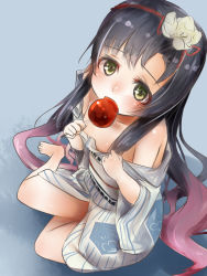 Rule 34 | 10s, 1girl, akino shuu, alternate costume, bare shoulders, barefoot, black hair, candy, flower, food, from above, green eyes, hair flower, hair ornament, hair ribbon, holding, holding candy, holding food, japanese clothes, kantai collection, kimono, licking, long hair, looking at viewer, matsuwa (kancolle), ribbon, solo, yukata