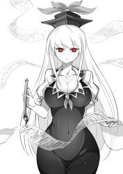 Rule 34 | 1girl, breasts, cleavage, collarbone, covered navel, curvy, dress, female focus, greyscale, hat, highres, kamishirasawa keine, large breasts, limited palette, long hair, looking at viewer, monochrome, paintbrush, puffy short sleeves, puffy sleeves, raptor7, red eyes, scroll, short sleeves, solo, spot color, touhou, very long hair, white background, wide hips