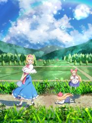 Rule 34 | 3girls, absurdres, alice margatroid, apron, ascot, bag, black footwear, blonde hair, blue dress, blue eyes, capelet, cattleya (a yel ttac), closed eyes, crops, day, dress, falling, field, floating, frilled ascot, frilled dress, frills, grass, handbag, highres, long hair, mary janes, medium hair, mini person, minigirl, mountainous horizon, multiple girls, outdoors, puffy short sleeves, puffy sleeves, red ascot, road, shanghai doll, shoes, short sleeves, touhou, tree, waist apron, walking, white capelet