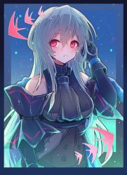 Rule 34 | 1girl, 3 (sanyako1), arknights, ascot, black ascot, black gloves, black shirt, blue background, blue border, blush, border, buttons, detached sleeves, fish, gloves, grey hair, hair between eyes, hand up, highres, long hair, looking at viewer, parted lips, red eyes, shirt, skadi (arknights), skadi (elite ii) (arknights), solo, sparkle, upper body, very long hair
