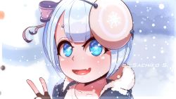 Rule 34 | 1girl, :d, blue eyes, blunt bangs, bow, coat, face, fang, fingerless gloves, fur, gloves, hair bow, hood, hood down, looking at viewer, open mouth, sachiko shirayuki, skin fang, smile, snow, snowflakes, solo, symbol-shaped pupils, tagme, v, white hair