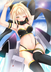 Rule 34 | 1girl, absurdres, ahoge, armband, armpits, arms up, bare shoulders, bikini, black bikini, black scarf, black thighhighs, blonde hair, blue sky, bow, breasts, cleavage, cloud, collarbone, elbow gloves, fate/grand order, fate (series), gloves, hair bow, highleg, highleg bikini, highres, looking at viewer, machinery, medium breasts, navel, niie, okita j. souji (first ascension) (fate), okita souji (fate), okita souji (koha-ace), one eye closed, open mouth, scarf, short hair, single glove, sky, solo, sunlight, swimsuit, thigh strap, thighhighs, v, yellow eyes