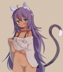 Rule 34 | 1girl, :o, ahoge, animal ears, bad id, bad nijie id, black bra, blue eyes, blush, bottomless, bra, brown background, buckle, cat ears, cat tail, cleft of venus, clothes lift, collar, cowboy shot, dark-skinned female, dark skin, done (donezumi), gluteal fold, groin, lifted by self, long hair, looking at viewer, multicolored hair, navel, no panties, off shoulder, original, parted lips, purple hair, pussy, see-through, shirt, shirt lift, simple background, solo, standing, streaked hair, tail, tareme, uncensored, underwear, very long hair, white shirt