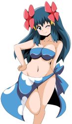 Rule 34 | 1girl, bare shoulders, blue eyes, blue hair, blush, breasts, cleavage, cosplay, creatures (company), dawn (pokemon), female focus, flower, game freak, hair flower, hair ornament, koutarosu, large breasts, long hair, looking at viewer, matching hair/eyes, nintendo, phoebe (pokemon), phoebe (pokemon) (cosplay), pokemon, smile, solo, wide hips