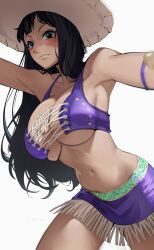 Rule 34 | 1girl, absurdres, armpits, black hair, blue eyes, blunt bangs, blush, breasts, cleavage, closed mouth, commentary, cowboy hat, cowboy shot, crop top, cross-laced clothes, english commentary, eyelashes, hat, highres, joy boy, large breasts, leaning forward, long hair, looking at viewer, miniskirt, navel, nico robin, nico robin (alabasta), one piece, purple skirt, simple background, skirt, solo, standing, stomach, underboob, white background, white hat