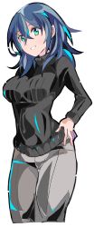 Rule 34 | 1girl, alternate costume, black shirt, blue hair, breasts, byleth (female) (fire emblem), byleth (fire emblem), cowboy shot, enpe, fire emblem, fire emblem: three houses, green eyes, grey pants, hair between eyes, highres, long hair, long sleeves, medium breasts, nintendo, pants, parted lips, shirt, simple background, smile, solo, white background
