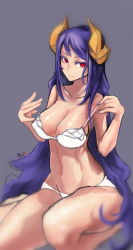 Rule 34 | 1girl, bad id, bad pixiv id, blue background, breasts, caooll, cleavage, highres, horns, large breasts, long hair, looking at viewer, original, purple hair, red eyes, simple background, smile, solo, thighs, very long hair