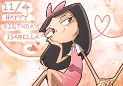 Rule 34 | 1girl, black hair, blue eyes, bow, child, closed mouth, dress, english text, hair bow, isabella garcia-shapiro, long hair, phineas and ferb, pink bow, pink dress, shirt, smile, sudako (tkb315), toon (style)