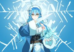 Rule 34 | 1girl, ahoge, bare shoulders, blue hair, blue jacket, breasts, commentary request, corset, crystal sword, elf, flower, fur trim, hair flower, hair ornament, half updo, hand over eye, hat, hololive, hololive alternative, ice, jacket, large breasts, long hair, looking at viewer, magic, mochizuki maya, off shoulder, one eye covered, pointy ears, smile, snowflake background, solo, sword, virtual youtuber, weapon, wide sleeves, yellow eyes, yukihana lamy