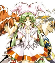 Rule 34 | 1990s (style), 1girl, 2boys, ahoge, brown eyes, closed eyes, dress, earrings, green hair, grey eyes, grin, hat, headband, jester cap, jewelry, landius (langrisser), langrisser, langrisser iv, langrisser v, long hair, multiple boys, nightcap, official art, orange hair, own hands clasped, own hands together, parted bangs, retro artstyle, sad, scan, schelfaniel (langrisser), serious, sigma (langrisser), simple background, smile, twintails, urushihara satoshi, white hair
