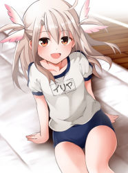 Rule 34 | 1girl, blue buruma, blush, breasts, buruma, fate/kaleid liner prisma illya, fate (series), feather hair ornament, feathers, gym shirt, gym uniform, hair between eyes, hair ornament, illyasviel von einzbern, long hair, looking at viewer, mochi (k620803n), name tag, open mouth, red eyes, shirt, short sleeves, sidelocks, small breasts, smile, solo, thighs, two side up, white hair, white shirt